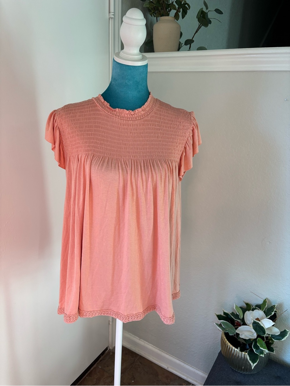 Women’s Peach Smocked Yoke Flutter Sleeve Top by Rewind